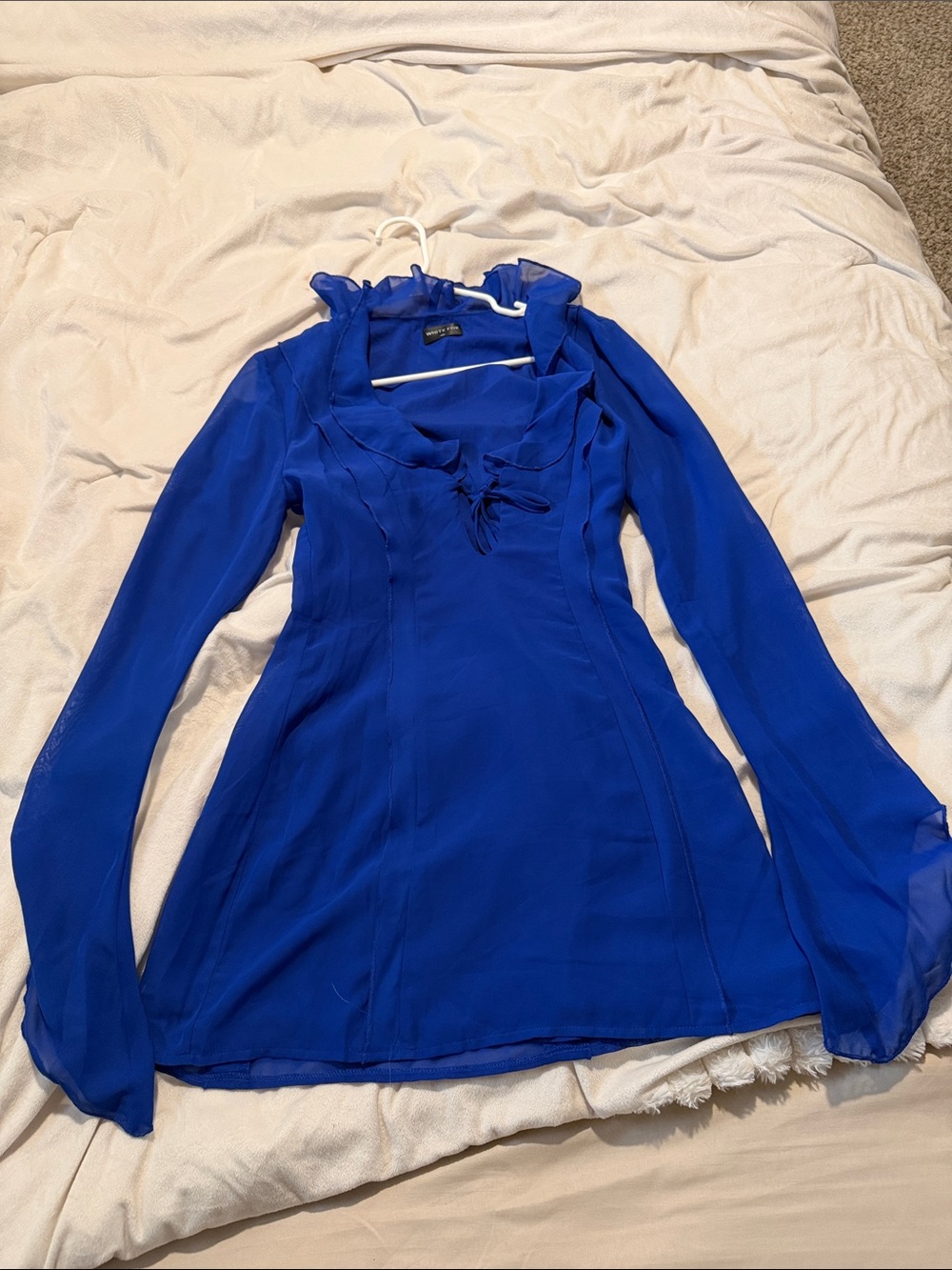White Fox Boutique Royal Blue Long Sleeve Ruffle Neck Blouse